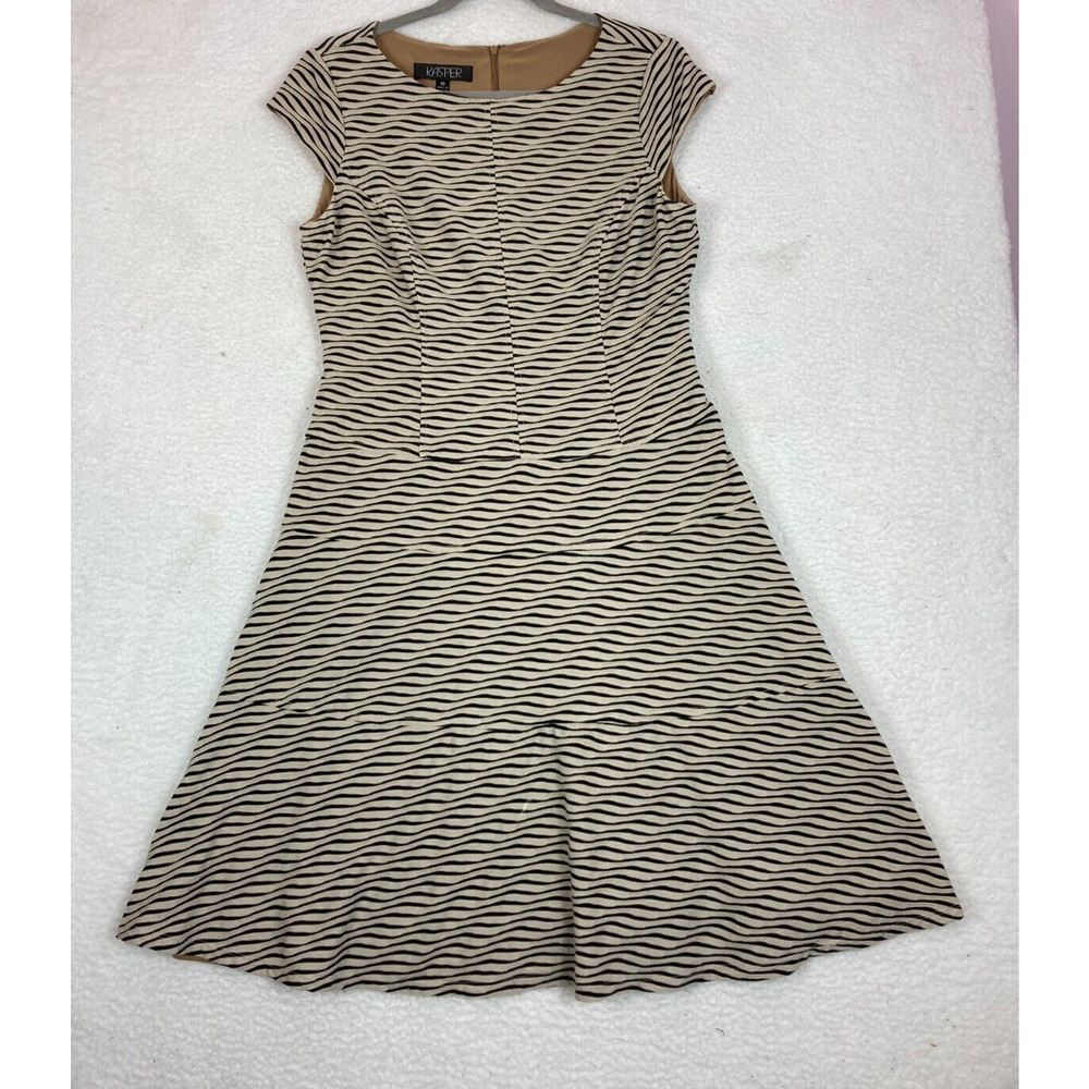 Kasper Women's Sleeveless Beige Black Stripe Sheath Short Dress Size 10 Knee L.